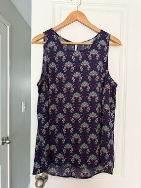 Daniel Rainn Navy Floral Keyhole Tank with Teal and Blush Accents Boho Office